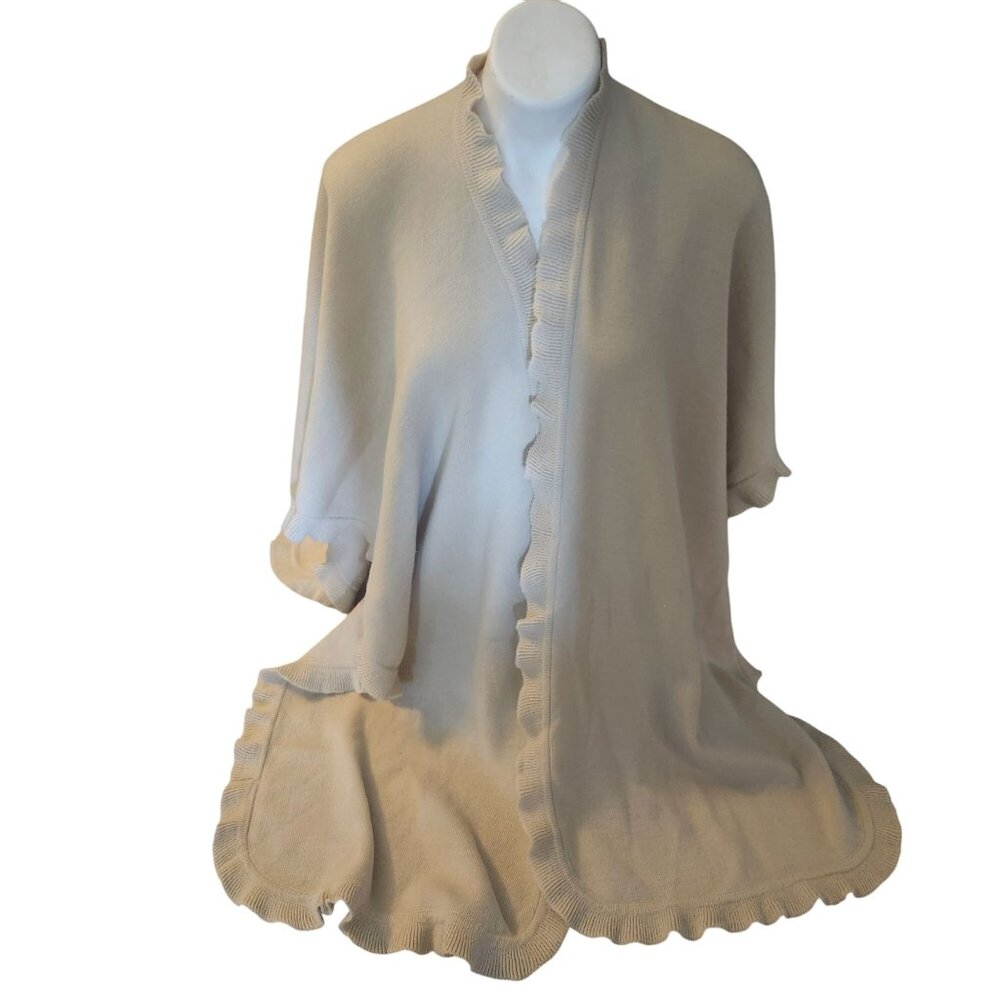 Beige Tan Angel Wrap Shawl Coverlet with Ruffle Trim 37x40 One Size Acrylic